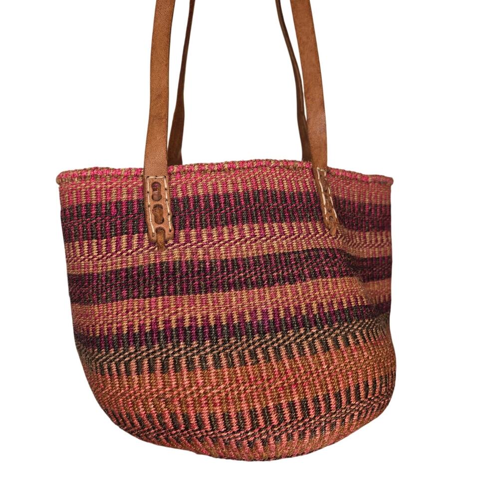 Vintage Woven Sisal Market Basket Tote Bag Leather Handles Raffia - Picture 4 of 8